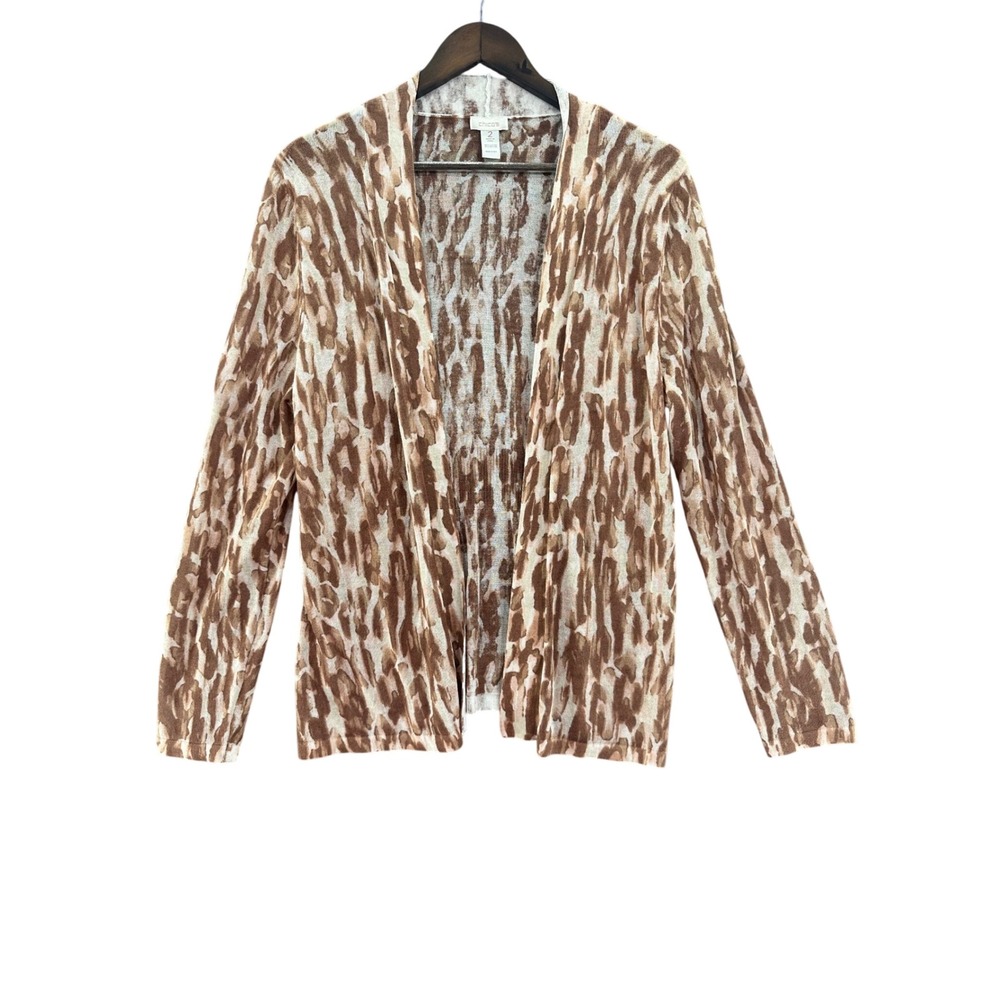 Chico's Cardigan Women Size 2 Brown Animal Print Open Front Knit Sweater
